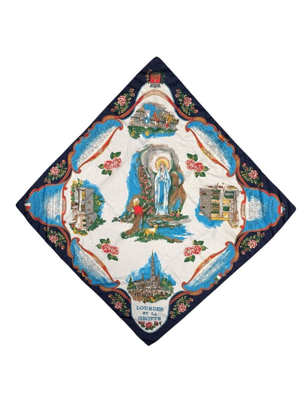 Vintage Lourdes Et La Grotte 30” Religious Scarf Blue Border